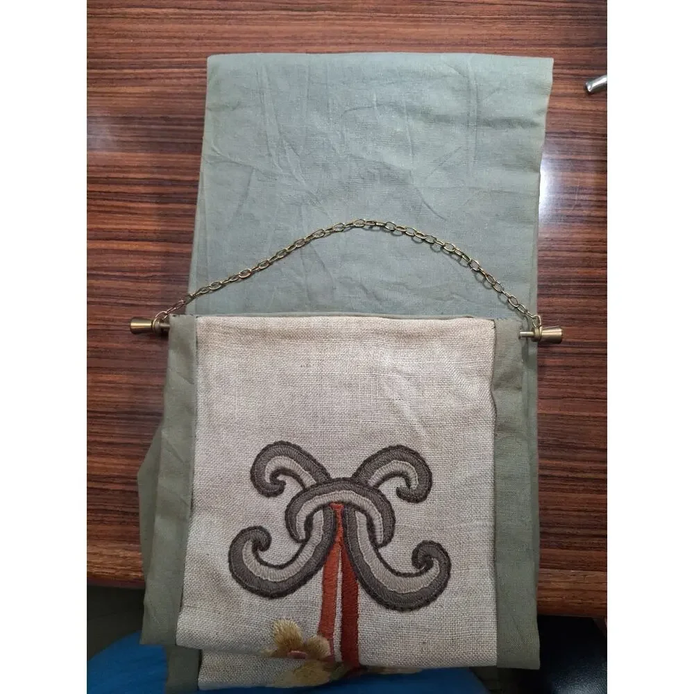 Vintage Crewel Embroidery Bell Pull Floral Linen Hand Stitched Hanger 46.5 × 7.5